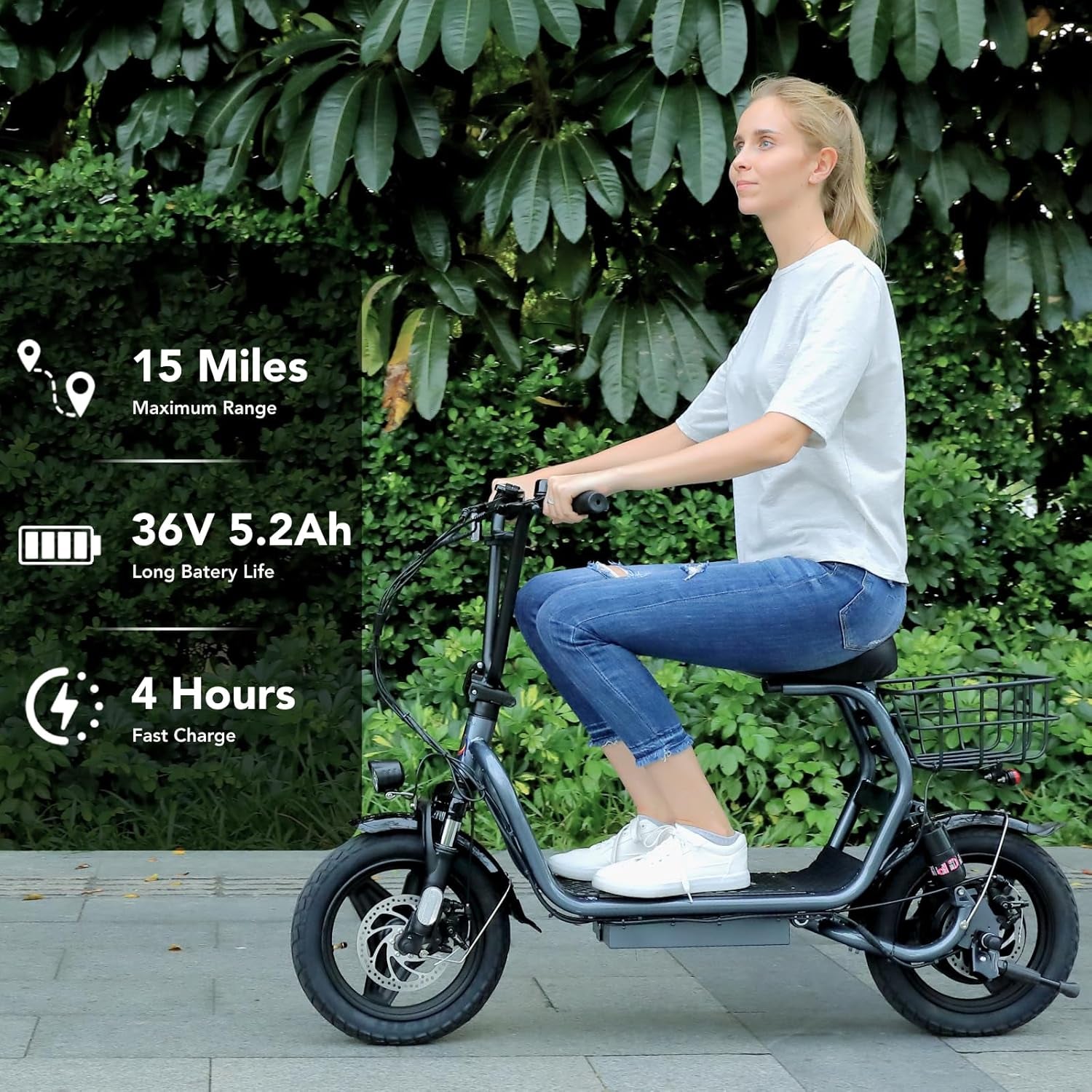 Peak 1200W Foldable Electric Scooter with Seat, 14" Fat Tire Adult Scooter, 500Wh Battery up to 30 Miles & 20MPH, Commuting with Basket & Shock Absorbing